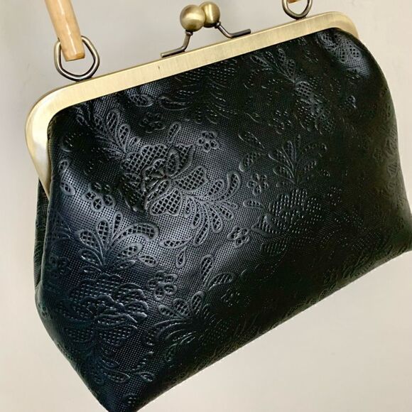 Genuine Leather Embossed Floral Lace, Real Bamboo Handle Bag & Small Clutch Set - Picture 8 of 16